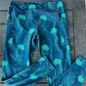 Large Constantly Varied Gear Teal Leggings with Jellyfish Design